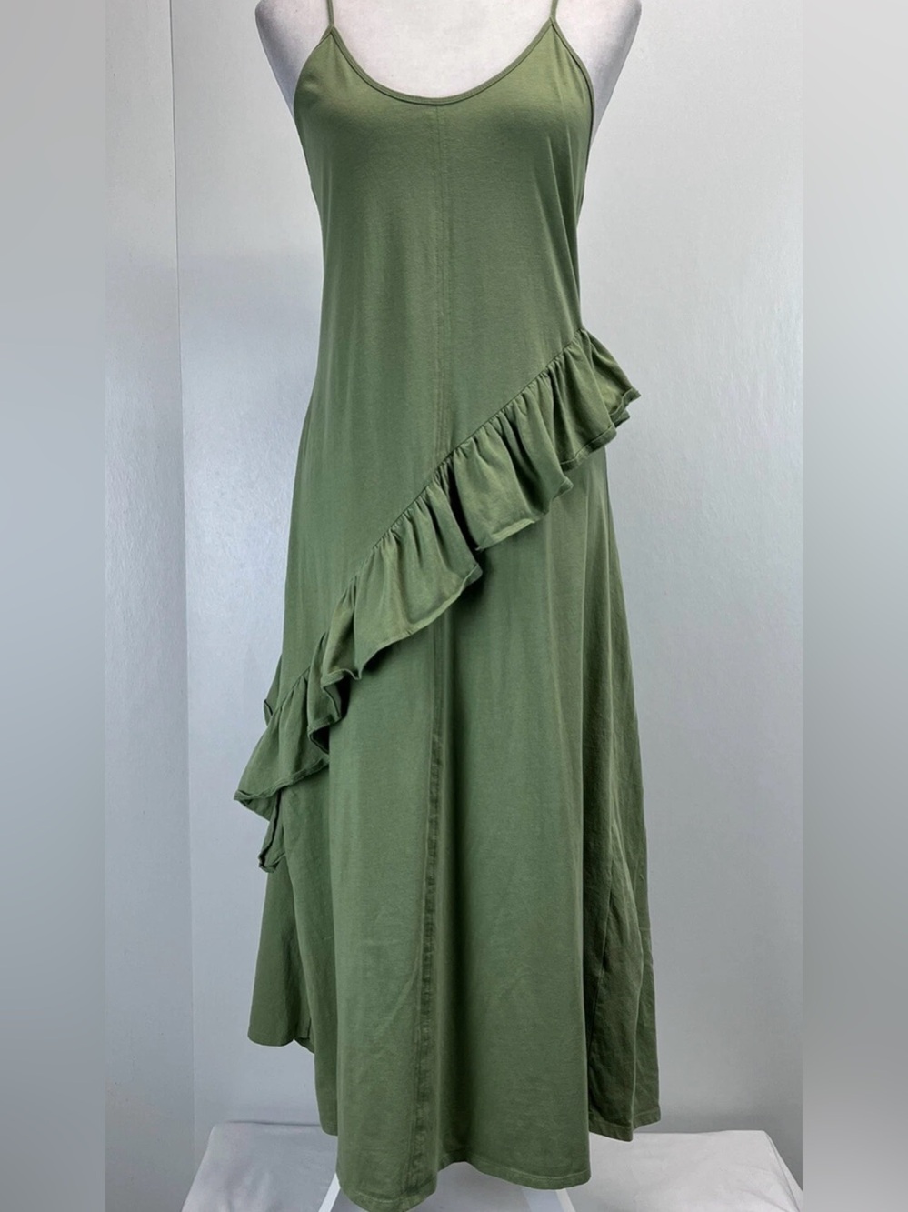 Zara Olive Green Asymmetrical Ruffle Slip Dress size S